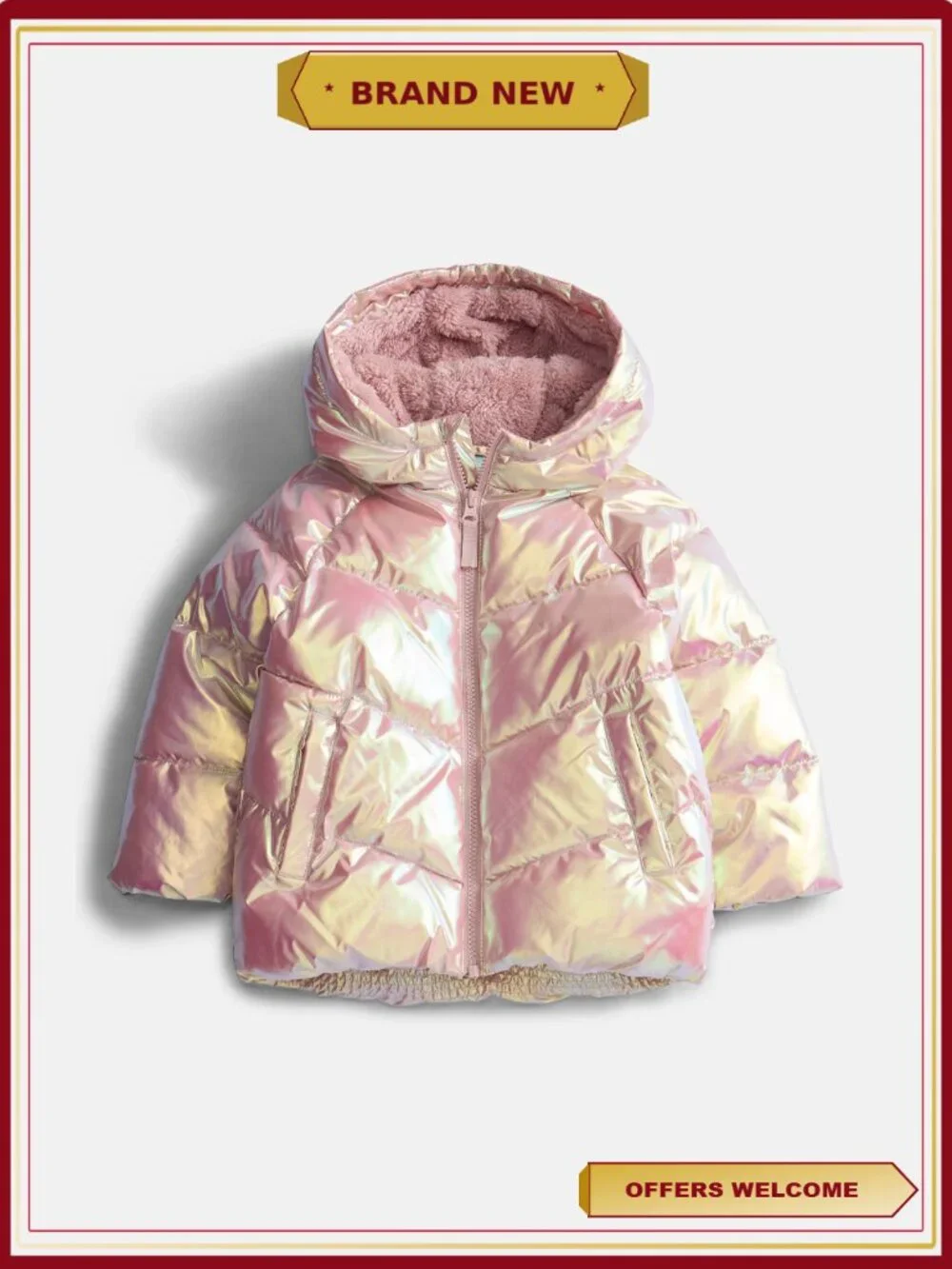 Heavyweight Puffer Jacket with Chevron Quilted Pattern, Full-Zip Front, Front